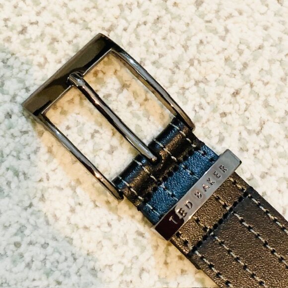 NWT $85 Ted Baker Mens Size 32 Bosmat Black Stitch Detail Leather Gunmetal Belt - Picture 6 of 11